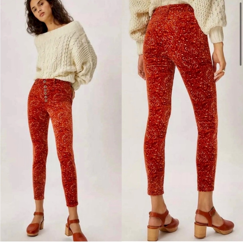 NWOT Anthropologie Pilco High Rise Skinny Orange Floral Corduroy Pants. Size:29